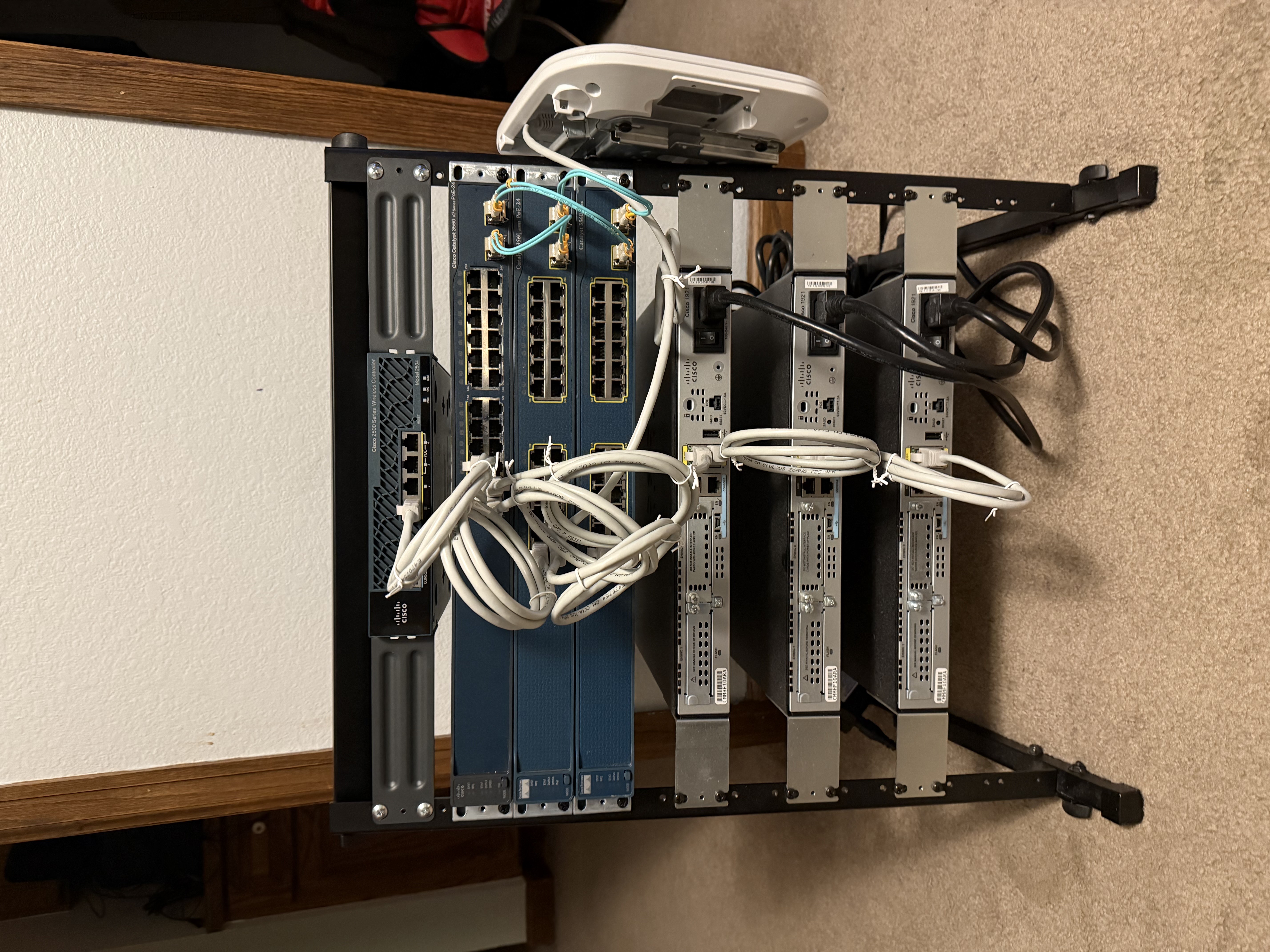 Current topology: 3 routers and 3 switches connected for VLANs, static routes, and STP labs.